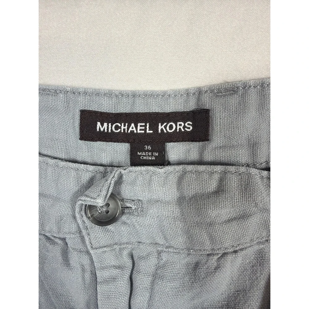 Michael Kors Mens Light Blue Grey Linen Blend Flat Front Shorts Size 36 MK Logo